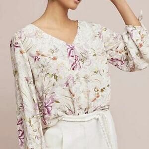 Maeve‎ by Anthropologie Pernille Floral 3/4 Tie Sleeve V-Neck Blouse Size XS